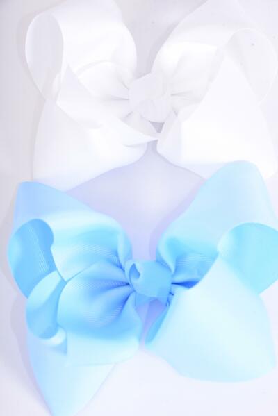 Hair Bow Cheer Type Bow Baby Blue White Mix Grosgrain Bow-tie / 12 pcs Bow = Dozen Alligator Clip , Size - 8" x 7" Wide , 6 Baby Blue , 6 White Color Asst , Clip Strip & UPC Code