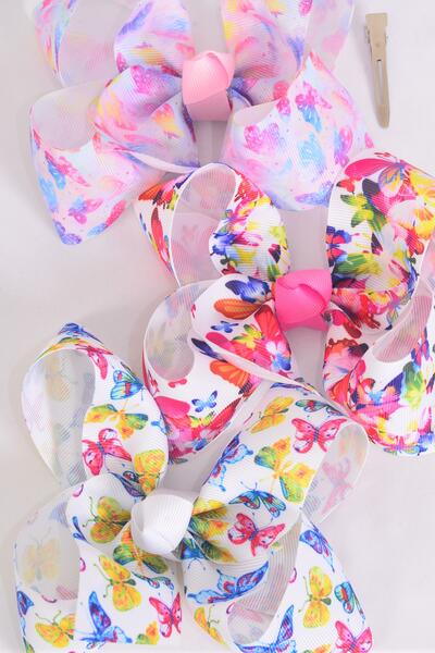 Hair Bow Jumbo Butterfly Grosgrain Bow-tie / 12 pcs Bow = Dozen Alligator Clip , Size - 6" x 5" Wide , 4 Of each Pattern Asst , Clip Strip & UPC Code