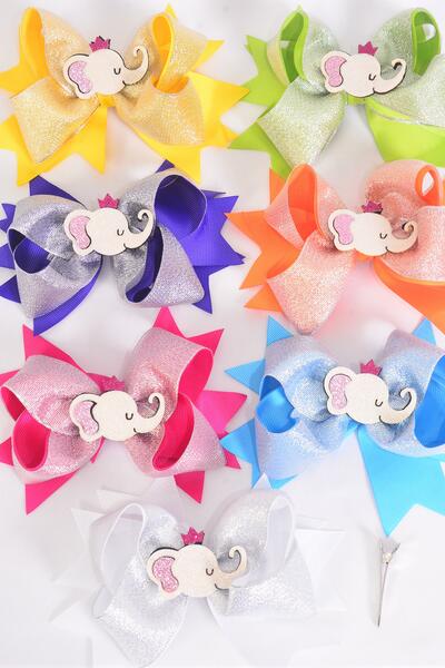 Hair Bow Jumbo Double Layered Metallic Elephant Grosgrain Bow-tie Citrus / 12 pcs Bow = Dozen Alligator Clip , Size - 6" x 5" Wide , 2 Fuchsia , 2 Turquoise ,2 White , 2 Purple , 2 Yellow , 1 Orange , 1 Lime Color Asst , Clip Strip & UPC Code