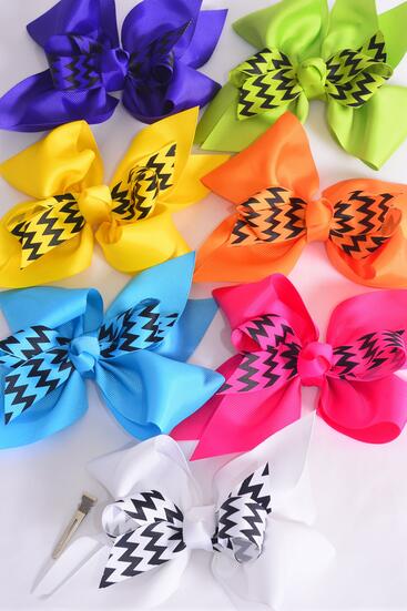 Hair Bow Extra Jumbo Cheer Type Bow  Center Chevron Bowtie Grosgrain Bow-tie Multi / 12 pcs Bow = Dozen  Alligator Clip , Bow - 6.5" x 6" Wide , 2 White , 2 Red , 2 Blue , 2 Fuchsia ,1 Purple , 1 Lime , 1 Orange ,1 Yellow Color Mix , Clip Strip & UPC Code