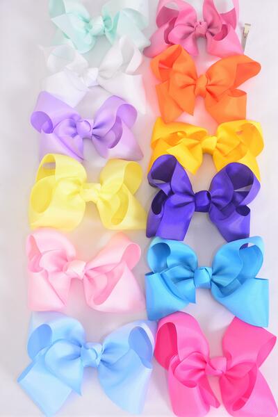 Hair Bow Jumbo Rainbow Grosgrain Bow-tie / 12 pcs Bow = Dozen Alligator Clip , Size - 6" x 5" Wide , 12 Color Asst , Clip Strip & UPC Code