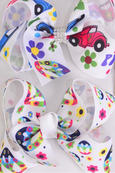Hair Bow Jumbo Flower Power Peace Sign Beatle Mix Grosgrain Bow-tie / 12 pcs Bow = Dozen Alligator Clip, Size - 6" x 5" Wide , 6 Of each Pattern Asst , Clip Strip & UPC Code