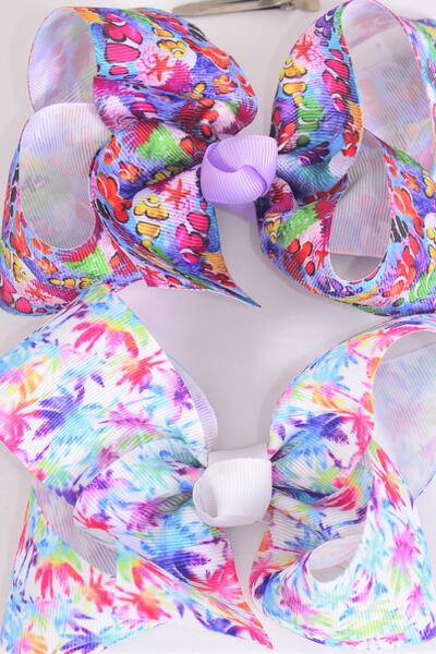 Hair Bow Jumbo Coral Reef Pam Tree Clown fish Pattern Mix Grosgrain Bow-tie / 12 pcs Bow = Dozen  Alligator Clip , Bow - 6" x 5" Wide , 6 of each Pattern Asst , Clip Strip & UPC Code