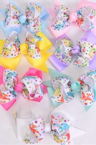 Hair Bow Jumbo Dinosure Double Layered Color Stone Studded Gosgrain Bow-tie / 12 pcs Bow = Dozen Alligator Clip , Size - 6" x 5", 2 White , 2 Baby Pink , 2 Lavender , 2 Hot Pink , 2 Mint Green , 1 Blue , 1 Yellow Color Asst , Clip Strip & UPC Code