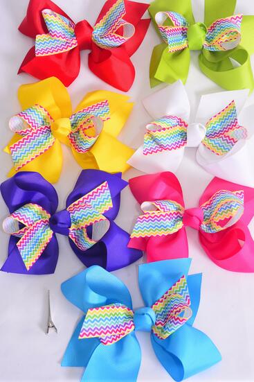 Hair Bow Jumbo Chevron Aztec Pattern Grosgrain Bow-tie Multi / 12 pcs Bow = Dozen Alligator Clip , Size - 6" x 5" Wide , 2 Fuchsia , 2 Blue , 2 Yellow , 2 Purple , 2 White , 1 Lime , 1 Red Color Mix , Clip Strip and UPC Code