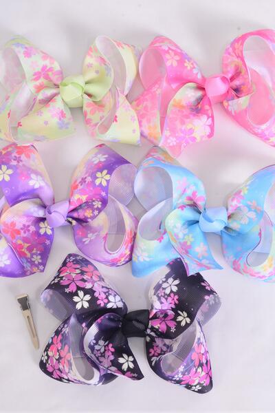 Hair Bow Jumbo Cherry Blossom Grosgrain Bow-tie / 12 pcs Bow = Dozen Alligator Clip , Size - 6" x 5" Wide , 3 Black , 3 Lavender , 2 Pink , 2 Blue , 2 Lime Color Asst , Clip Strip and UPC Code