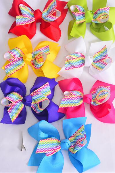 Hair Bow Jumbo Chevron Aztec Pattern Grosgrain Bow-tie Multi / 12 pcs Bow = Dozen Alligator Clip , Size - 6" x 5" Wide , 2 Fuchsia , 2 Blue , 2 Yellow , 2 Purple , 2 White , 1 Lime , 1 Red Color Mix , Clip Strip and UPC Code