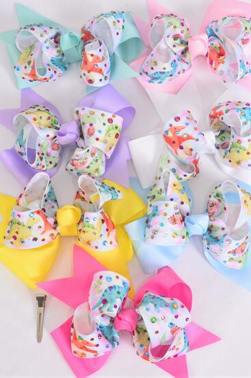 Hair Bow Jumbo Dinosure Double Layered Color Stone Studded Gosgrain Bow-tie / 12 pcs Bow = Dozen Alligator Clip , Size - 6" x 5", 2 White , 2 Baby Pink , 2 Lavender , 2 Hot Pink , 2 Mint Green , 1 Blue , 1 Yellow Color Asst , Clip Strip & UPC Code
