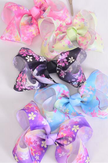 Hair Bow Jumbo Cherry Blossom Grosgrain Bow-tie / 12 pcs Bow = Dozen Alligator Clip , Size - 6" x 5" Wide , 2 Of each Pattern Asst , Clip Strip and UPC Code