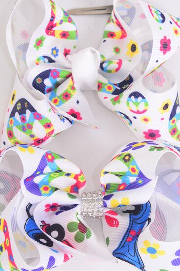 Hair Bow Jumbo Flower Power Peace Sign Beetle Mix Grosgrain Bow-tie / 12 pcs Bow = Dozen  Alligator Clip, Size - 6" x 5" Wide , 6 Of each Pattern Asst , Clip Strip & UPC Code