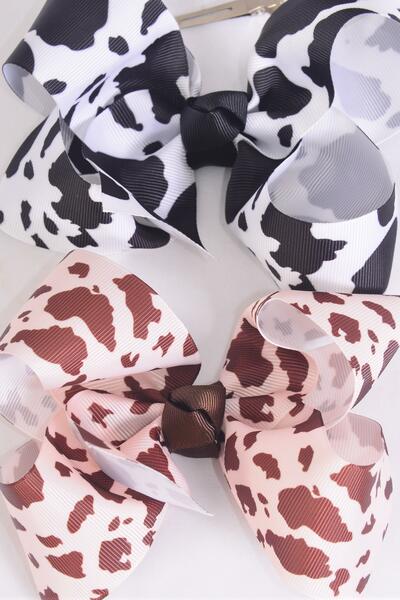 Hair Bow Jumbo Cow Pattern Mix Grosgrain Bow-tie / 12 pcs Bow = Dozen  Cow Pattern , Alligator Clip , Size - 6" x 5" Wide , 6 Of Each Pattern Asst , Clip Strip & UPC Code