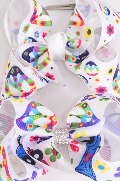 Hair Bow Jumbo Flower Power Peace Sign Beetle Mix Grosgrain Bow-tie / 12 pcs Bow = Dozen  Alligator Clip, Size - 6" x 5" Wide , 6 Of each Pattern Asst , Clip Strip & UPC Code