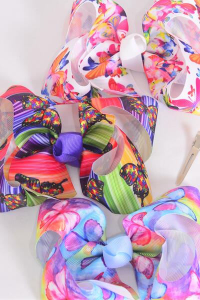 Hair Bow Jumbo Butterfly Grosgrain Bow-tie / 12 pcs Bow = Dozen Alligator Clip ,  Size - 6" x 5" Wide , 4 Of each Pattern Asst , Clip Strip and UPC Code