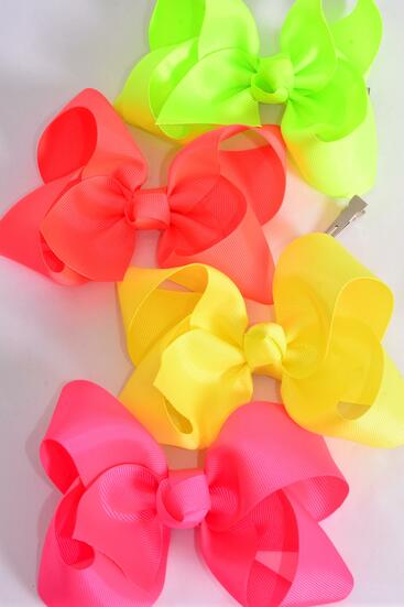 Hair Bow Jumbo Neon Grosgrain Bow-tie / 12 pcs Bow = Dozen Alligator Clip , Size - 6" x 5" Wide , 3 of each Pattern Asst , Clip Strip & UPC Code