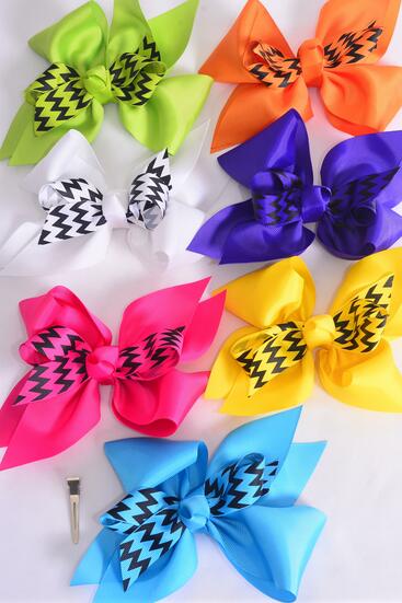 Hair Bow Extra Jumbo Cheer Type Bow  Center Chevron Bowtie Grosgrain Bow-tie Multi / 12 pcs Bow = Dozen  Alligator Clip , Bow - 6.5" x 6" Wide , 2 White , 2 Red , 2 Blue , 2 Fuchsia ,1 Purple , 1 Lime , 1 Orange ,1 Yellow Color Mix , Clip Strip & UPC Code