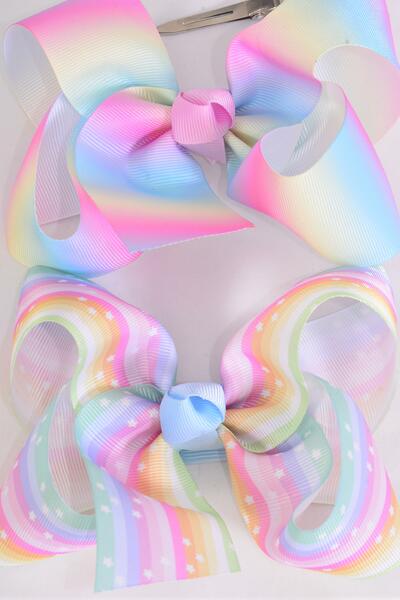 Hair Bow Jumbo Pastel Tiedye Rainbow Stars Grosgrain Bow-tie /  12 pcs Bow = Dozen  Alligator Clip , Size - 6" x 5" Wide , 6 Of Each Pattern Asst , Clip Strip & UPC Code