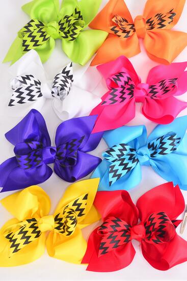 Hair Bow Extra Jumbo Cheer Type Bow  Center Chevron Bowtie Grosgrain Bow-tie Multi / 12 pcs Bow = Dozen  Alligator Clip , Bow - 6.5" x 6" Wide , 2 White , 2 Red , 2 Blue , 2 Fuchsia ,1 Purple , 1 Lime , 1 Orange ,1 Yellow Color Mix , Clip Strip & UPC Code