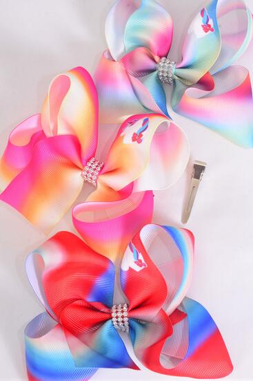Hair Bow Jumbo Gradient Tiedye  Unicorn Grosgrain Bow-tie / 12 pcs Bow = Dozen  Unicorn , Alligator Clip , Size - 6" x 5" Wide , 4 of each Pattern Asst , Clip Strip & UPC Code
