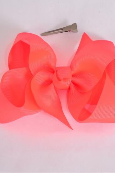 Hair Bow Jumbo Neon Orange Grosgrain Bow-tie / 12 pcs Bow = Dozen Neon Orange , Alligator Clip , Size - 6" x 5" Wide , Clip Strip & UPC Code