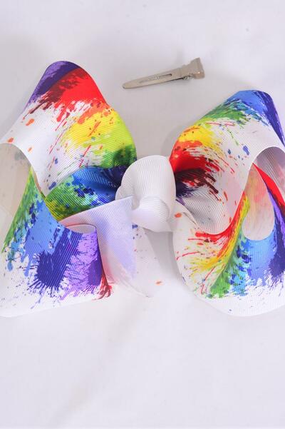 Hair Bow Jumbo White Paint Splatter Grosgrain Bow-tie / 12 pcs Bow = Dozen Alligator Clip , Size - 6" x 5" Wide , Clip Strip & UPC Code