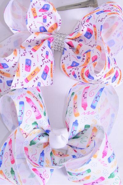 Hair Bow Jumbo Back to School Color Crayons Grosgrain Bow-tie / 12 pcs Bow = Dozen Alligator Clip , Size - 6" x 5" Wide , 6 Of each Pattern Asst , Clip Strip & UPC Code