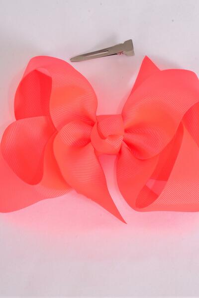 Hair Bow Jumbo Neon Orange Grosgrain Bow-tie / 12 pcs Bow = Dozen Neon Orange , Alligator Clip , Size - 6" x 5" Wide , Clip Strip & UPC Code