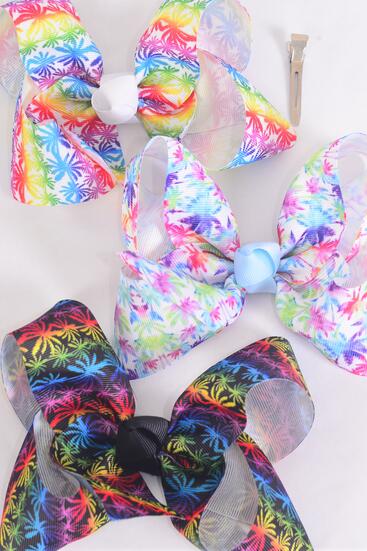 Hair Bow Jumbo Pam Tree Grosgrain Bow-tie /  12 pcs Bow = Dozen  Alligator Clip , Bow - 6" x 5" Wide , 4 of each Pattern Asst , Clip Strip & UPC Code