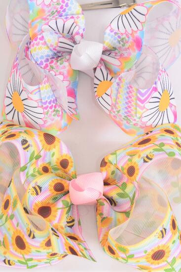 Hair Bow Jumbo Flower Happy Daisy & Sunflower Mix Grosgrain Bow-tie / 12 pcs Bow = Dozen Alligator Clip , Size - 6" x 5" Wide , 6 of each Pattern Asst , Clip Strip & UPC Code