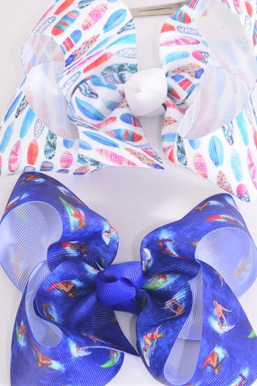 Hair Bow Jumbo Vacation Surfboard Surfing Grosgrain Bow-tie / 12 pcs Bow = Dozen   Surfing , Alligator Clip , Bow - 6" x 5" Wide , 6 of each Pattern Asst , Clip Strip & UPC Code