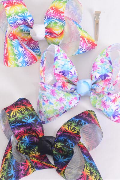 Hair Bow Jumbo Pam Tree Grosgrain Bow-tie /  12 pcs Bow = Dozen  Alligator Clip , Bow - 6" x 5" Wide , 4 of each Pattern Asst , Clip Strip & UPC Code
