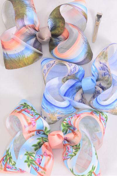 Hair Bow Jumbo Pattern Mix Sand Ocean Pam Tree Grosgrain Bow-tie / 12 pcs Bow = Dozen Alligator Clip , Bow - 6" x 5" Wide , 4 of each Pattern Asst , Clip Strip & UPC Code