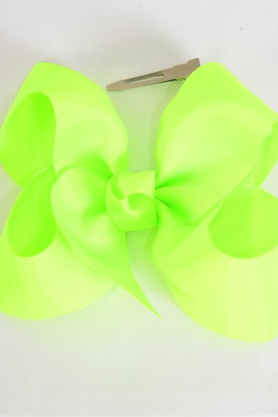 Hair Bow Jumbo Neon Lime Grosgrain Bow-tie / 12 pcs Bow = Dozen Neon Lime , Alligator Clip , Size - 6" x 5" Wide , Clip Strip & UPC Code