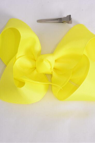 Hair Bow Jumbo Neon Yellow Grosgrain Bow-tie / 12 pcs Bow = Dozen Neon Yellow , Alligator Clip , Size - 6" x 5" Wide , Clip Strip and UPC Code