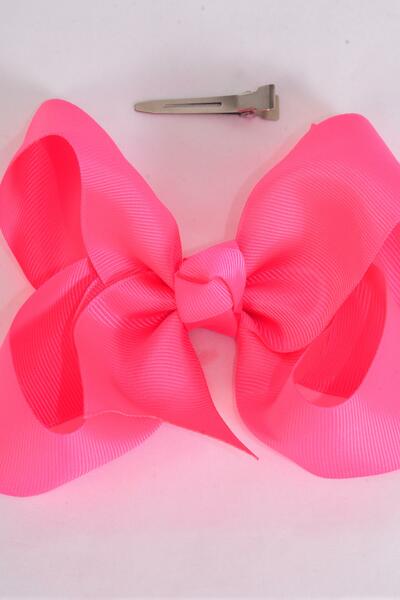 Hair Bow Jumbo Neon Pink Grosgrain Bow-tie / 12 pcs Bow = Dozen Neon Pink , Alligator Clip , Size - 6" x 5" Wide , Clip Strip & UPC Code