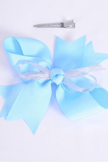 Hair Bow jumbo Center Silver Metallic Bowtie Baby Blue / 12 pcs Bow = Dozen Baby Blue , Alligator Clip , Size - 6" x 5" Wide , Clip Strip & UPC Code
