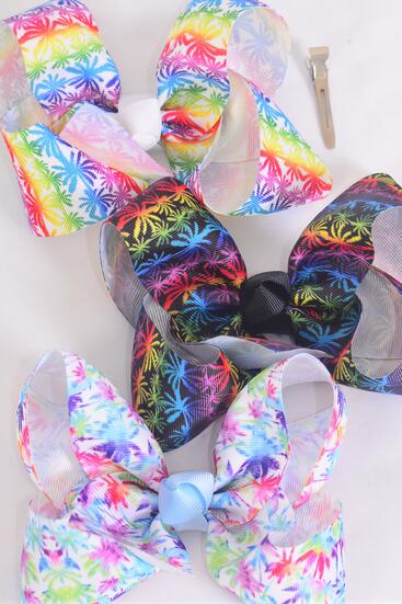 Hair Bow Jumbo Pam Tree Grosgrain Bow-tie /  12 pcs Bow = Dozen  Alligator Clip , Bow - 6" x 5" Wide , 4 of each Pattern Asst , Clip Strip & UPC Code