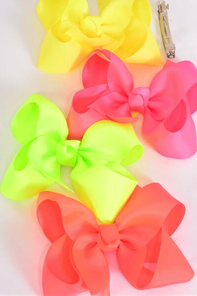 Hair Bow Jumbo Neon French Clip Grosgrain Bow-tie / 12 pcs Bow = Dozen French Clip , Size - 6" x 5" Wide , 3 of each Pattern Asst , Clip Strip & UPC Code