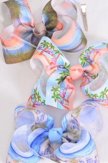 Hair Bow Jumbo Pattern Mix Sand Ocean Pam Tree Grosgrain Bow-tie / 12 pcs Bow = Dozen Alligator Clip , Bow - 6" x 5" Wide , 4 of each Pattern Asst , Clip Strip & UPC Code