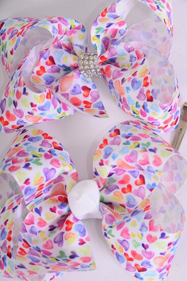 Hair Bow Jumbo Pastel Water Color Hearts Grosgrain Bow-tie / 12 Pcs Bow = Dozen Alligator Clip , Size - 6" x 5" Wide , 6 Of each Pattern Asst , Clip Strip & UPC Code