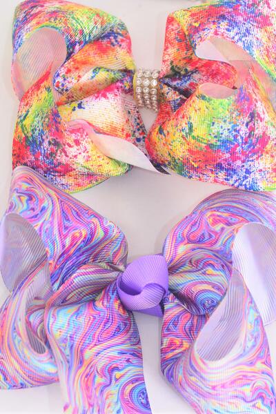 Hair Bow Jumbo Paint Splatter Water Color Mix Grosgrain Bow-tie / 12 pcs Bow = Dozen Alligator Clip , Size - 6" x 5" Wide , 6 of each Pattern Asst , Clip Strip and UPC Code