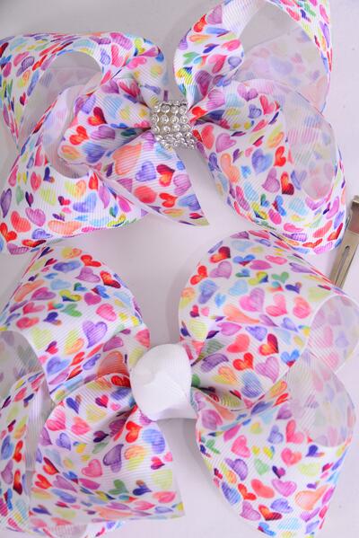 Hair Bow Jumbo Pastel Water Color Hearts Grosgrain Bow-tie / 12 Pcs Bow = Dozen Alligator Clip , Size - 6" x 5" Wide , 6 Of each Pattern Asst , Clip Strip & UPC Code