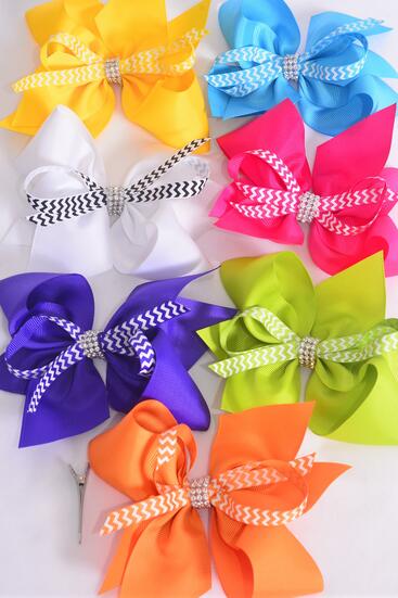 Hair Bow Jumbo Center Chevron Ribbon Grosgrain Bow-tie Citrus / 12 pcs Bow = Dozen Alligator Clip , Size - 6" x 5" Wide , 2 Fuchsia , 2 Blue , 2 Yellow , 2 Purple , 2 White , 1 Lime , 1 Orange Color Mix , Clip Strip & UPC Code