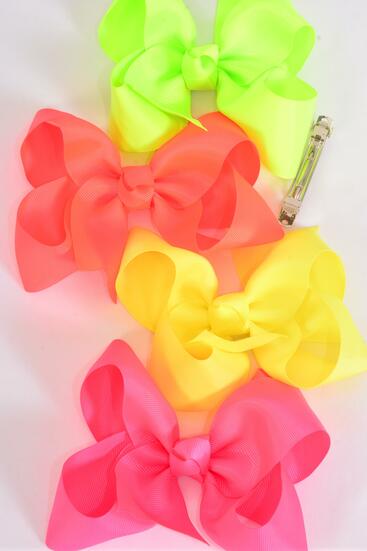 Hair Bow Jumbo Neon French Clip Grosgrain Bow-tie / 12 pcs Bow = Dozen French Clip , Size - 6" x 5" Wide , 3 of each Pattern Asst , Clip Strip & UPC Code