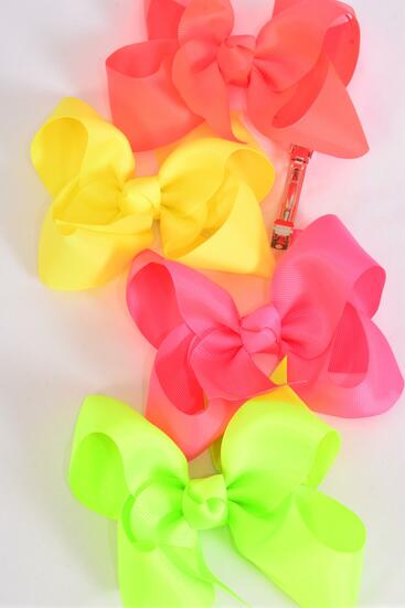 Hair Bow Jumbo Neon French Clip Grosgrain Bow-tie / 12 pcs Bow = Dozen French Clip , Size - 6" x 5" Wide , 3 of each Color Asst , Clip Strip & UPC Code