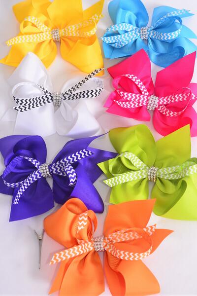 Hair Bow Jumbo Center Chevron Ribbon Grosgrain Bow-tie Citrus / 12 pcs Bow = Dozen Alligator Clip , Size - 6" x 5" Wide , 2 Fuchsia , 2 Blue , 2 Yellow , 2 Purple , 2 White , 1 Lime , 1 Orange Color Mix , Clip Strip & UPC Code