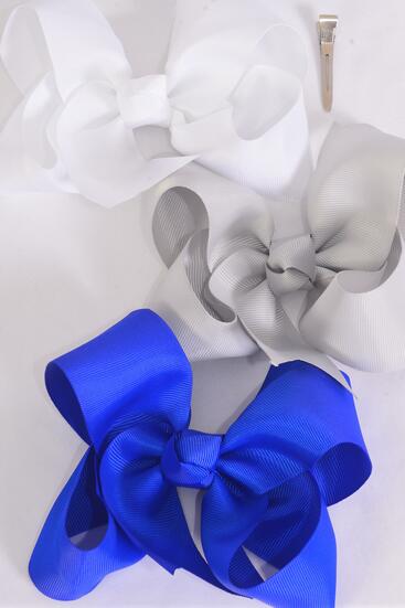 Hair Bow Jumbo Gray White Royal Blue Mix Grosgrain Fabric Bow-tie / 12 pcs = Dozen Alligator Clip , Size - 6" x 5" Wide , 4 Whute , 4 Gray  , 4 Royal Blue Color Asst , Clip Strip & UPC Code