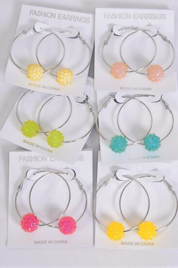 Earrings Silver Hoop 14 mm Tiffany Ball Candy Color Mix Multi / 12 pair = Dozen Post , Size - 2" Wide , 2 Fuchsia , 2 Blue , 2 Yellow , 2 White , 2 Lime , 2 Lavender Color Asst , Earring Card & OPP Bag & UPC Code