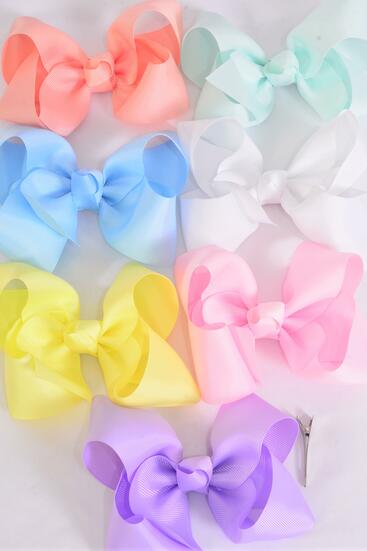 Hair Bow Jumbo Pastel Grosgrain Bow-tie / 12 pcs Bow = Dozen Alligator Clip , Size - 6" x 5", 2 White , 2 Baby Pink , 2 Lavender , 2 Blue , 2 Yellow , 1 Peach , 1 Mint Green Asst , Clip Strip & UPC Code