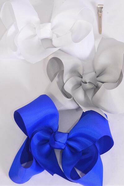 Hair Bow Jumbo Gray White Royal Blue Mix Grosgrain Fabric Bow-tie / 12 pcs = Dozen Alligator Clip , Size - 6" x 5" Wide , 4 Whute , 4 Gray  , 4 Royal Blue Color Asst , Clip Strip & UPC Code