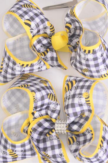 Hair Bow Jumbo Honey Bee Plaid / 12 pcs Bow = Dozen Bee , Alligator Clip , Size - 6" x 5" Wide , Clip Strip & UPC Code